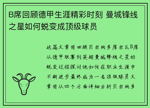 B席回顾德甲生涯精彩时刻 曼城锋线之星如何蜕变成顶级球员 B席回顾德甲生涯精彩时刻 曼城锋线之星如何蜕变成顶级球员