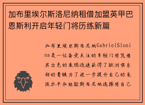 加布里埃尔斯洛尼纳租借加盟英甲巴恩斯利开启年轻门将历练新篇 加布里埃尔斯洛尼纳租借加盟英甲巴恩斯利开启年轻门将历练新篇